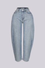 High waist light washed balloon leg jeans with rhinestone embellishments throughout