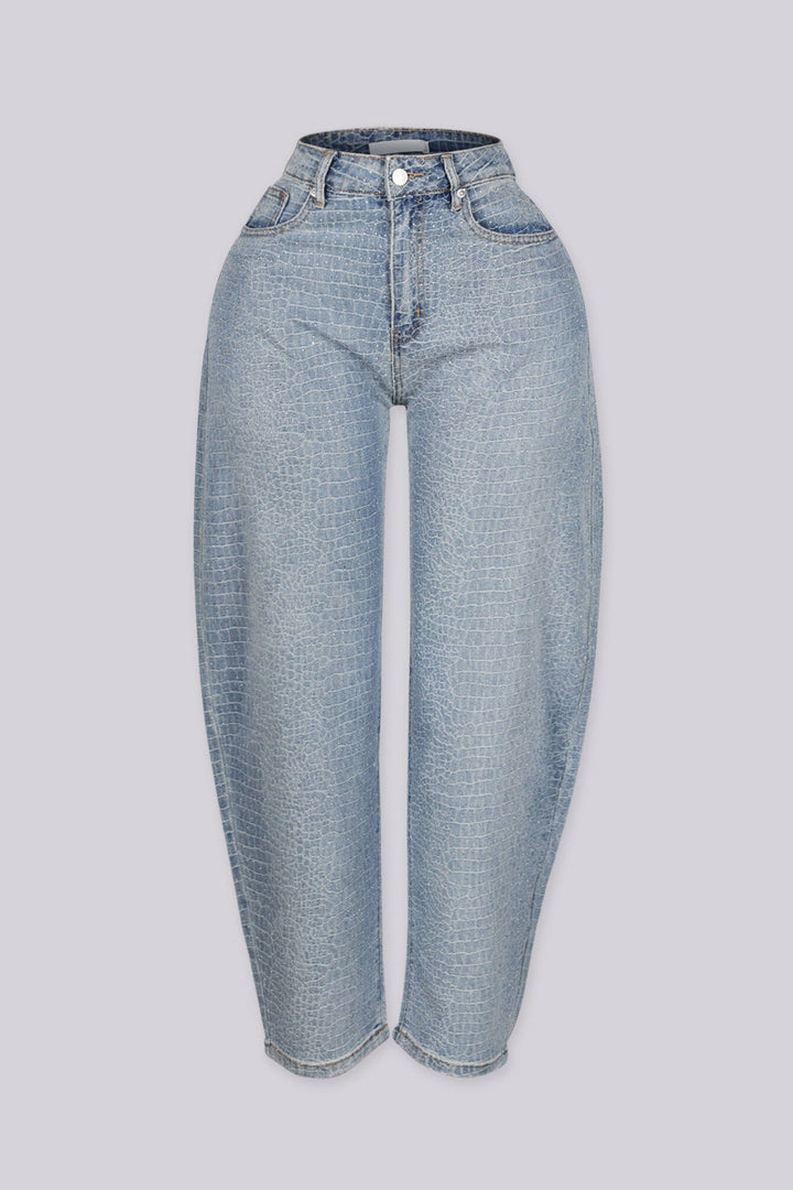 High waist light washed balloon leg jeans with rhinestone embellishments throughout