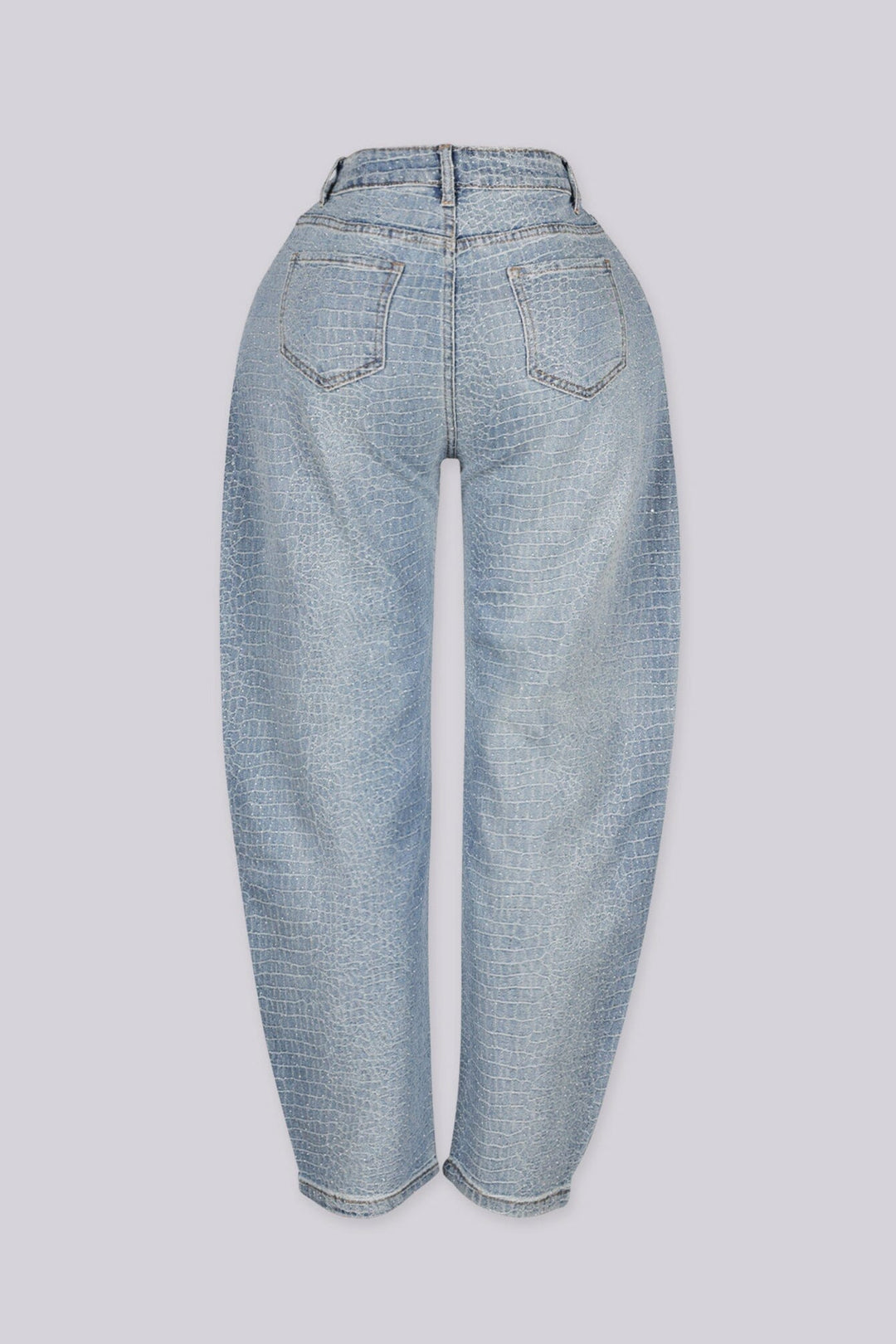 High waist light washed balloon leg jeans with rhinestone embellishments throughout