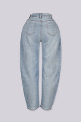 High waist light washed balloon leg jeans with rhinestone embellishments throughout