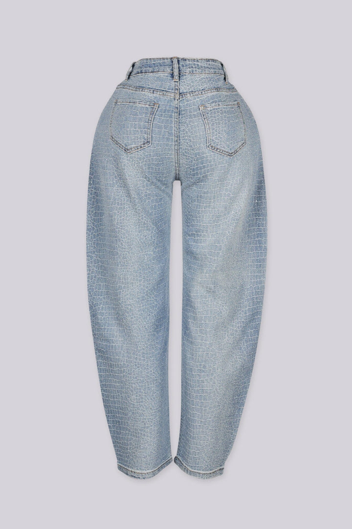 High waist light washed balloon leg jeans with rhinestone embellishments throughout
