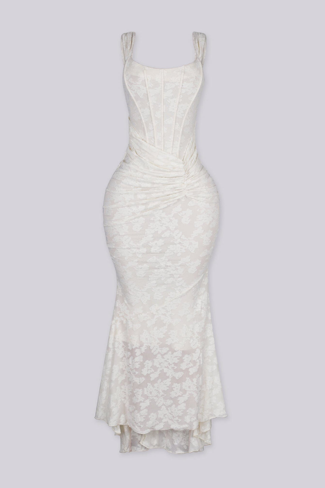 Mermaid corset maxi dress featuring a textured floral lace, Scooped square neckline and supportive straps