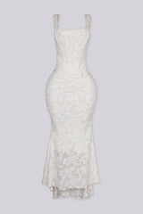 Mermaid corset maxi dress featuring a textured floral lace, Scooped square neckline and supportive straps