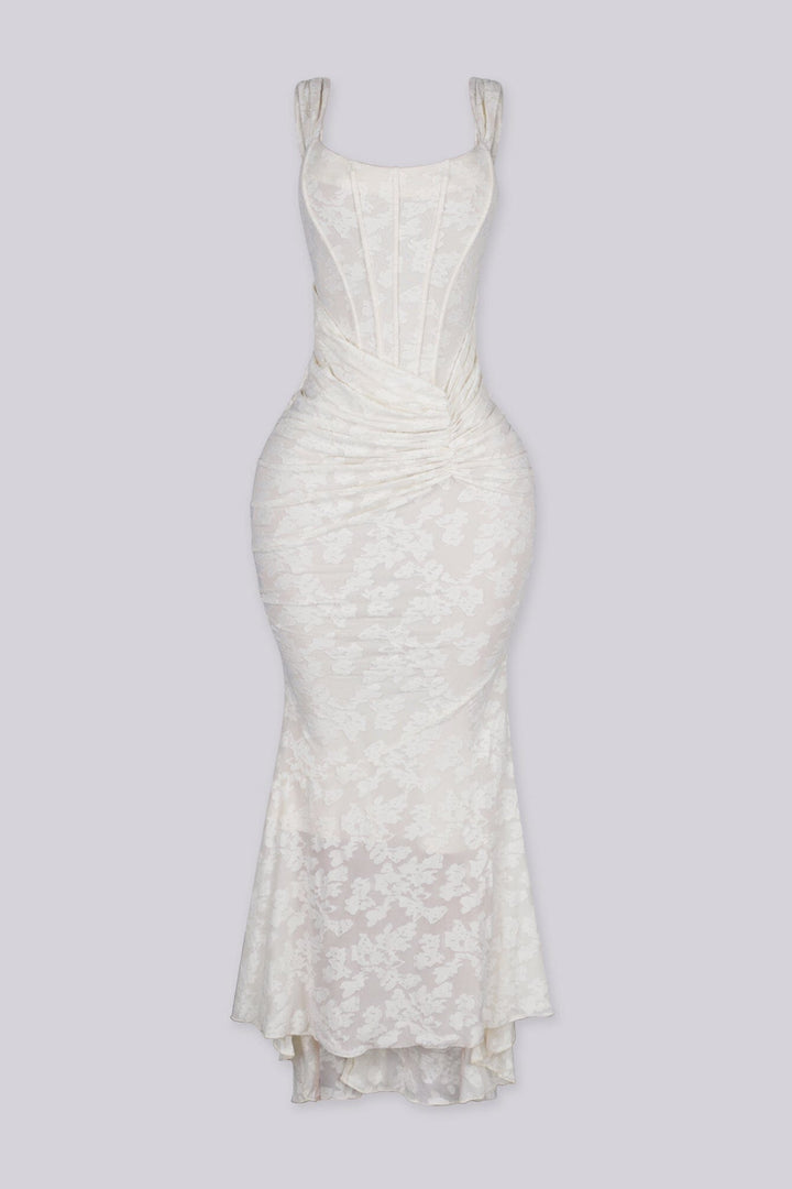 Mermaid corset maxi dress featuring a textured floral lace, Scooped square neckline and supportive straps