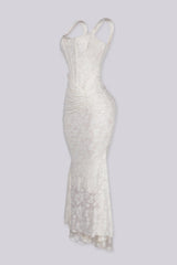 Mermaid corset maxi dress featuring a textured floral lace, Scooped square neckline and supportive straps