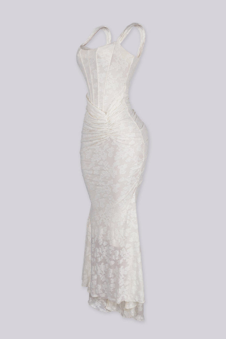 Mermaid corset maxi dress featuring a textured floral lace, Scooped square neckline and supportive straps