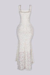 Mermaid corset maxi dress featuring a textured floral lace, Scooped square neckline and supportive straps