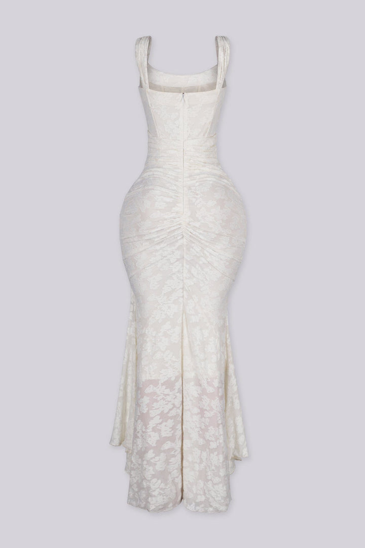 Mermaid corset maxi dress featuring a textured floral lace, Scooped square neckline and supportive straps