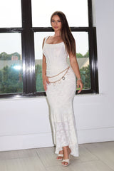 Mermaid corset maxi dress featuring a textured floral lace, Scooped square neckline and supportive straps