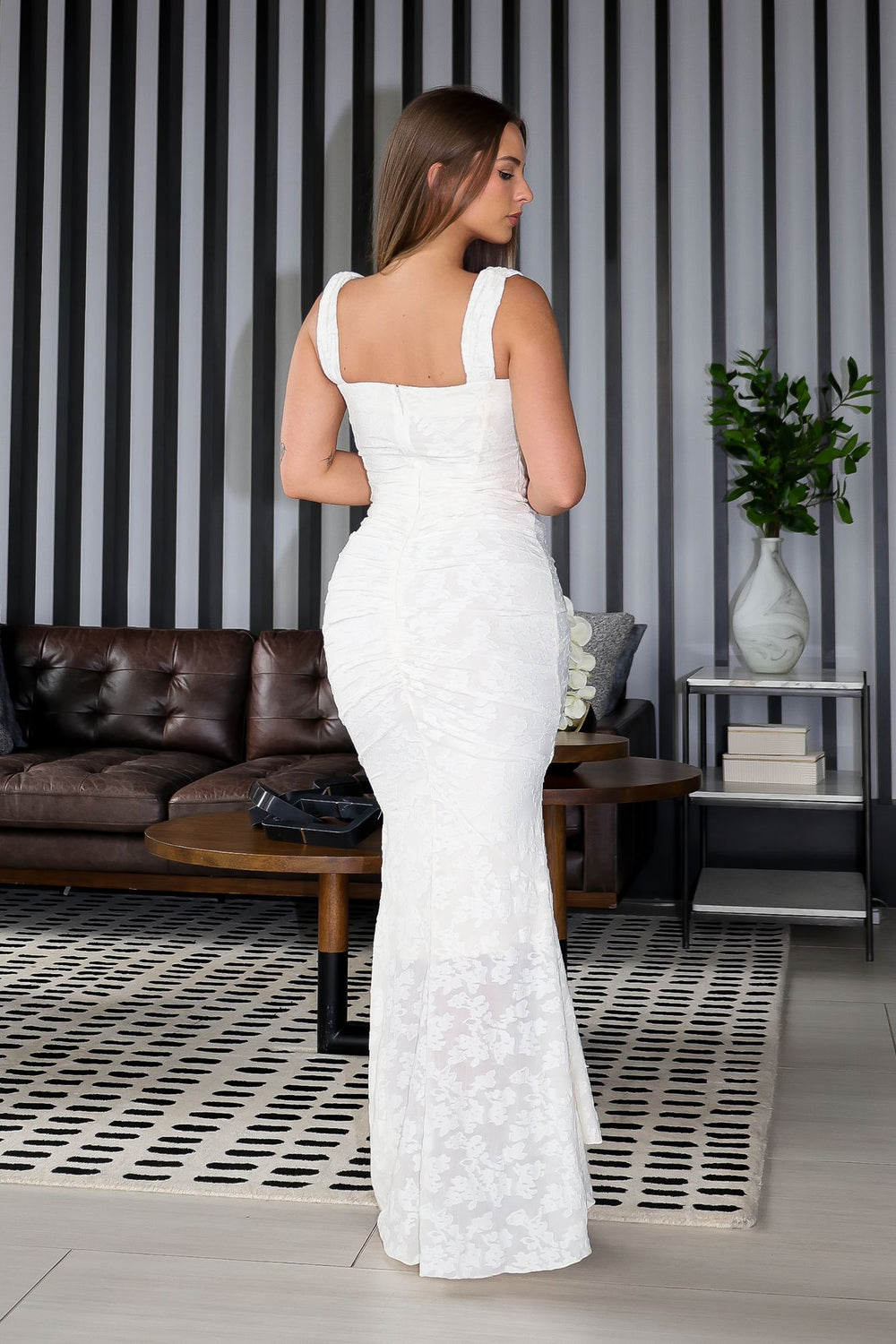 Mermaid corset maxi dress featuring a textured floral lace, Scooped square neckline and supportive straps