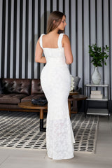 Mermaid corset maxi dress featuring a textured floral lace, Scooped square neckline and supportive straps