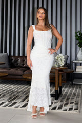 Mermaid corset maxi dress featuring a textured floral lace, Scooped square neckline and supportive straps