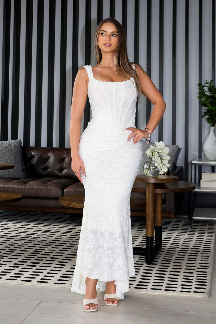 Mermaid corset maxi dress featuring a textured floral lace, Scooped square neckline and supportive straps