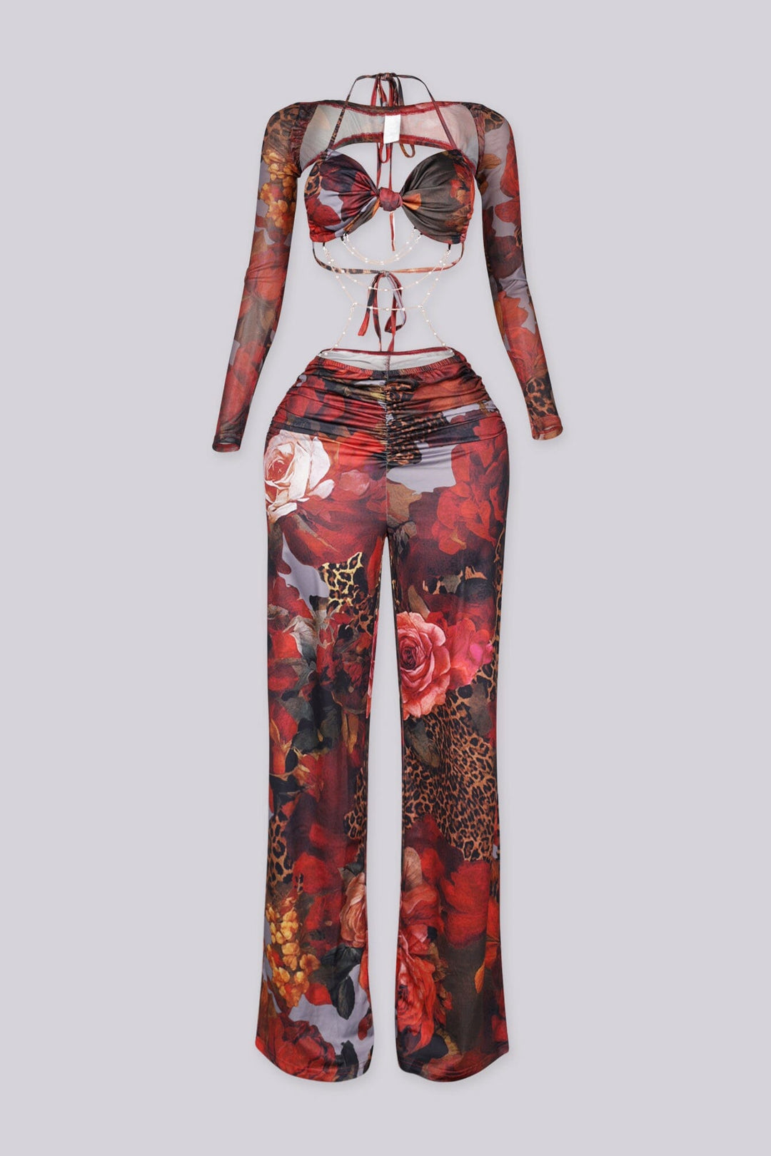 Mesh jumpsuit of vibrant floral and leopard prints featuring body-sculpting ruched bodice with detachable sheer bolero