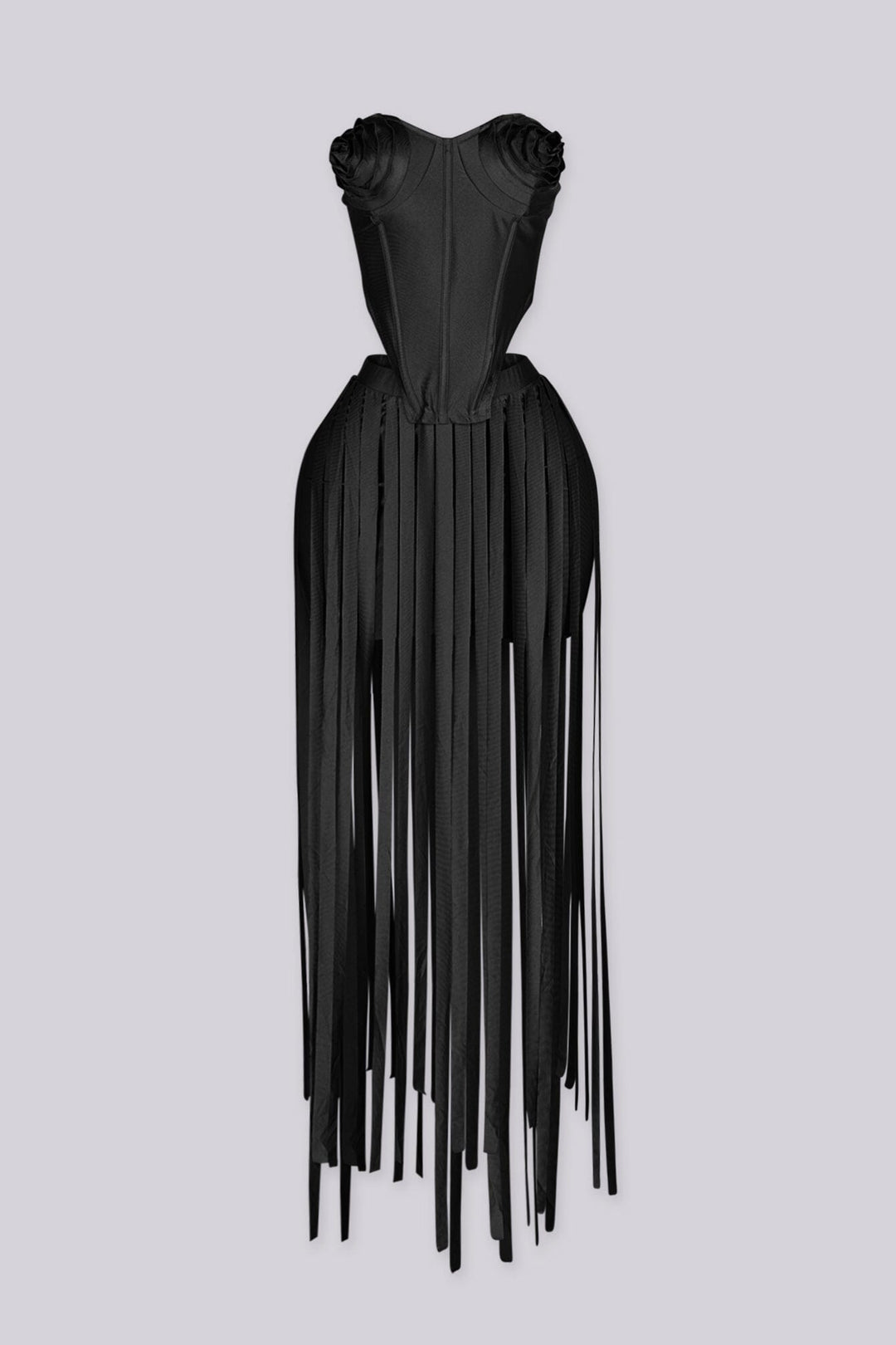 Strapless corset style top with sweetheart neckline and rosette bust detail
