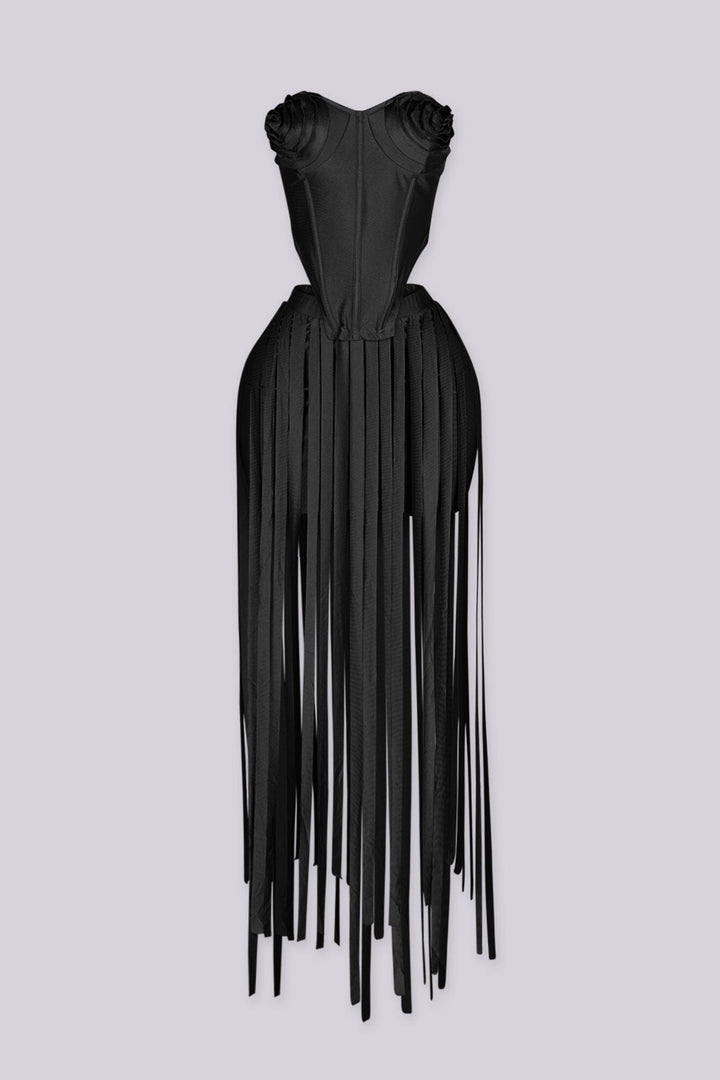 Strapless corset style top with sweetheart neckline and rosette bust detail