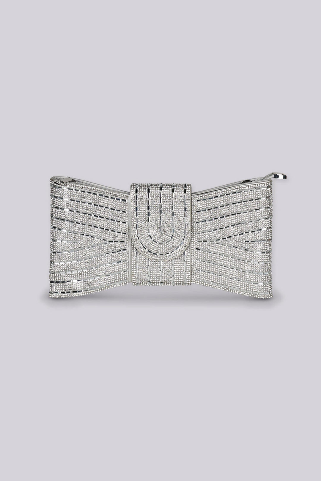 Bow shaped clutch bag with top zipper closure featuring all over rhinestone embellishment and buckle band detail