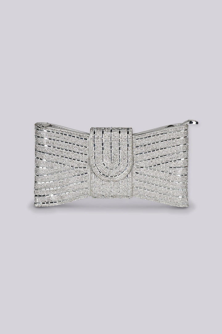 Bow shaped clutch bag with top zipper closure featuring all over rhinestone embellishment and buckle band detail