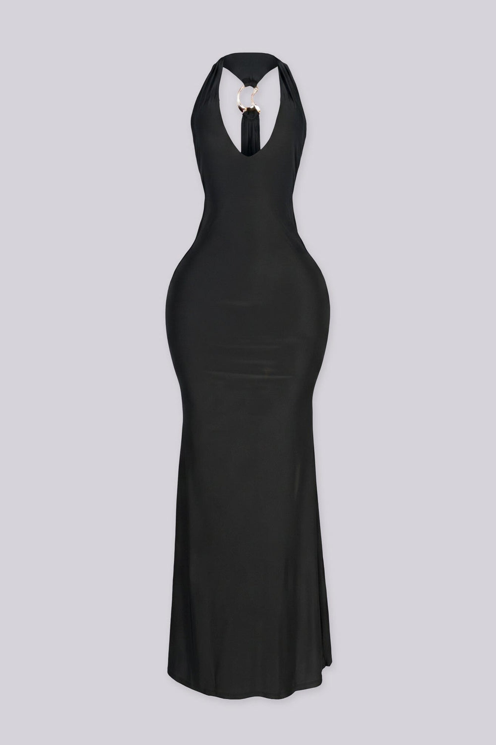 Sleeveless fitted halter maxi dress with plunging V neckline featuring draped back panel with gold ring detail
