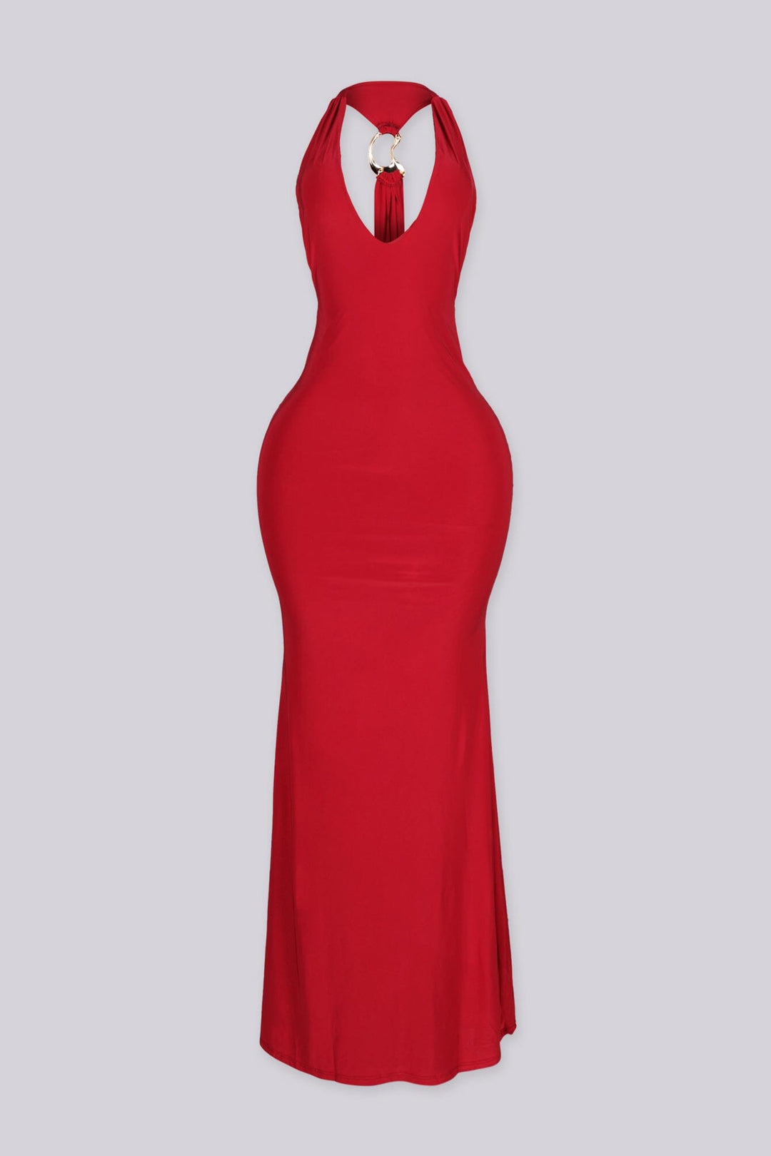 Sleeveless fitted halter maxi dress with plunging V neckline featuring draped back panel with gold ring detail