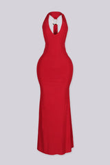 Sleeveless fitted halter maxi dress with plunging V neckline featuring draped back panel with gold ring detail