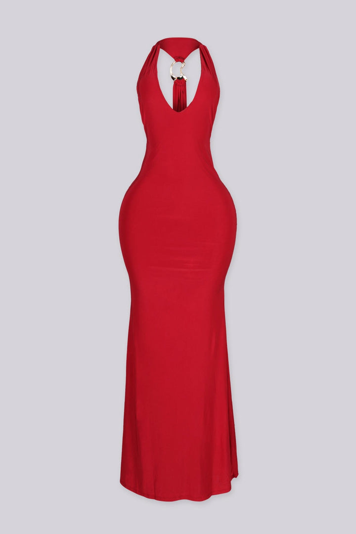 Sleeveless fitted halter maxi dress with plunging V neckline featuring draped back panel with gold ring detail
