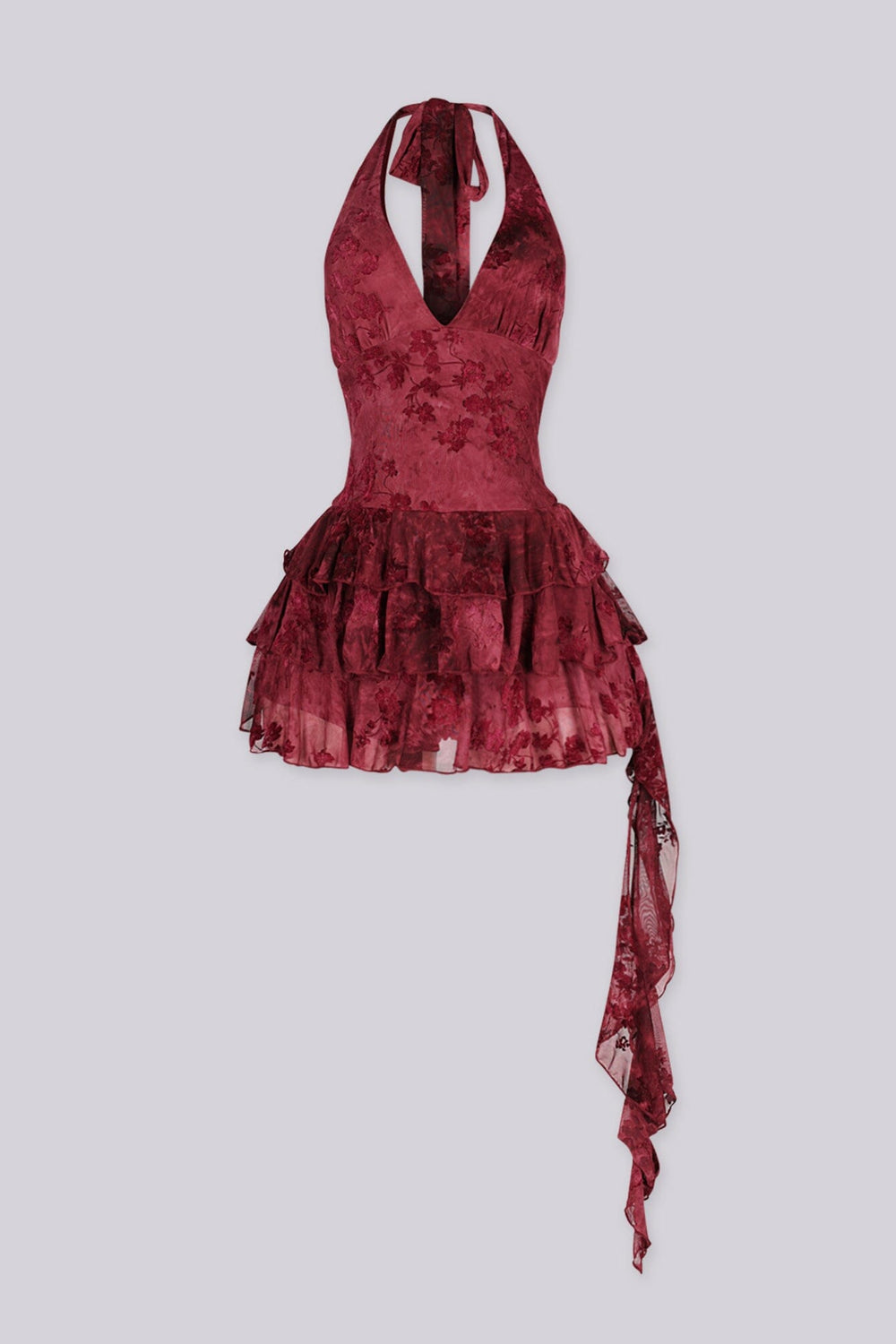 Floral mesh velvet halter top dress with plunging draped neckline featuring distressed vintage inspired fabrication
