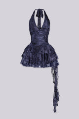 Floral mesh velvet halter top dress with plunging draped neckline featuring distressed vintage inspired fabrication