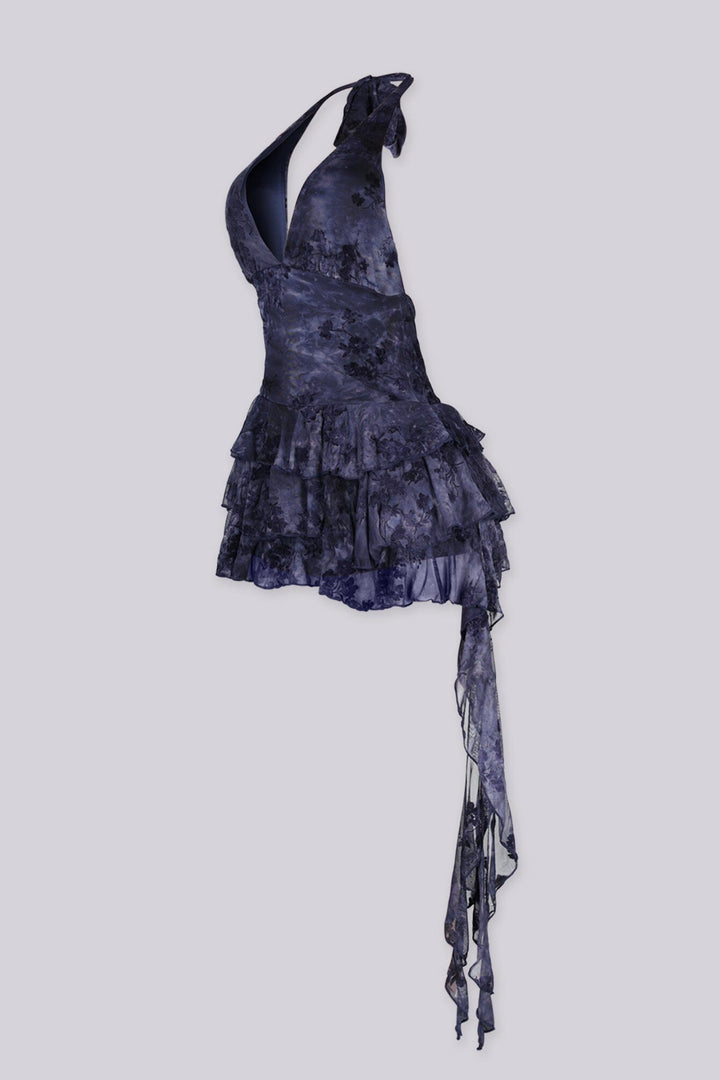 Floral mesh velvet halter top dress with plunging draped neckline featuring distressed vintage inspired fabrication