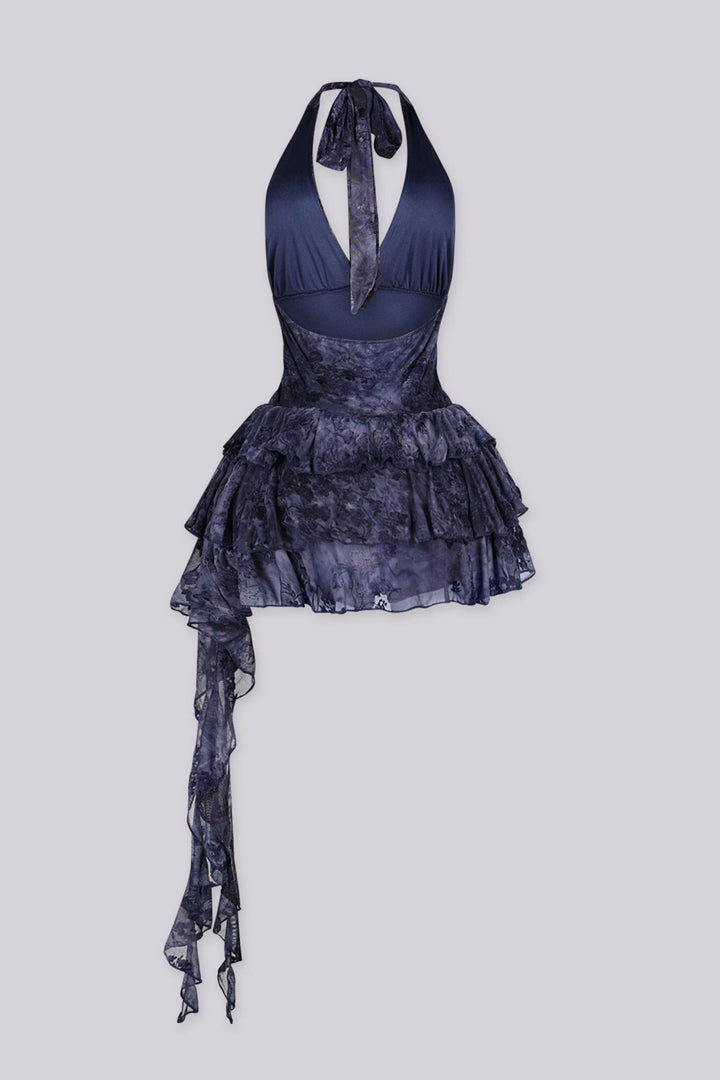Floral mesh velvet halter top dress with plunging draped neckline featuring distressed vintage inspired fabrication