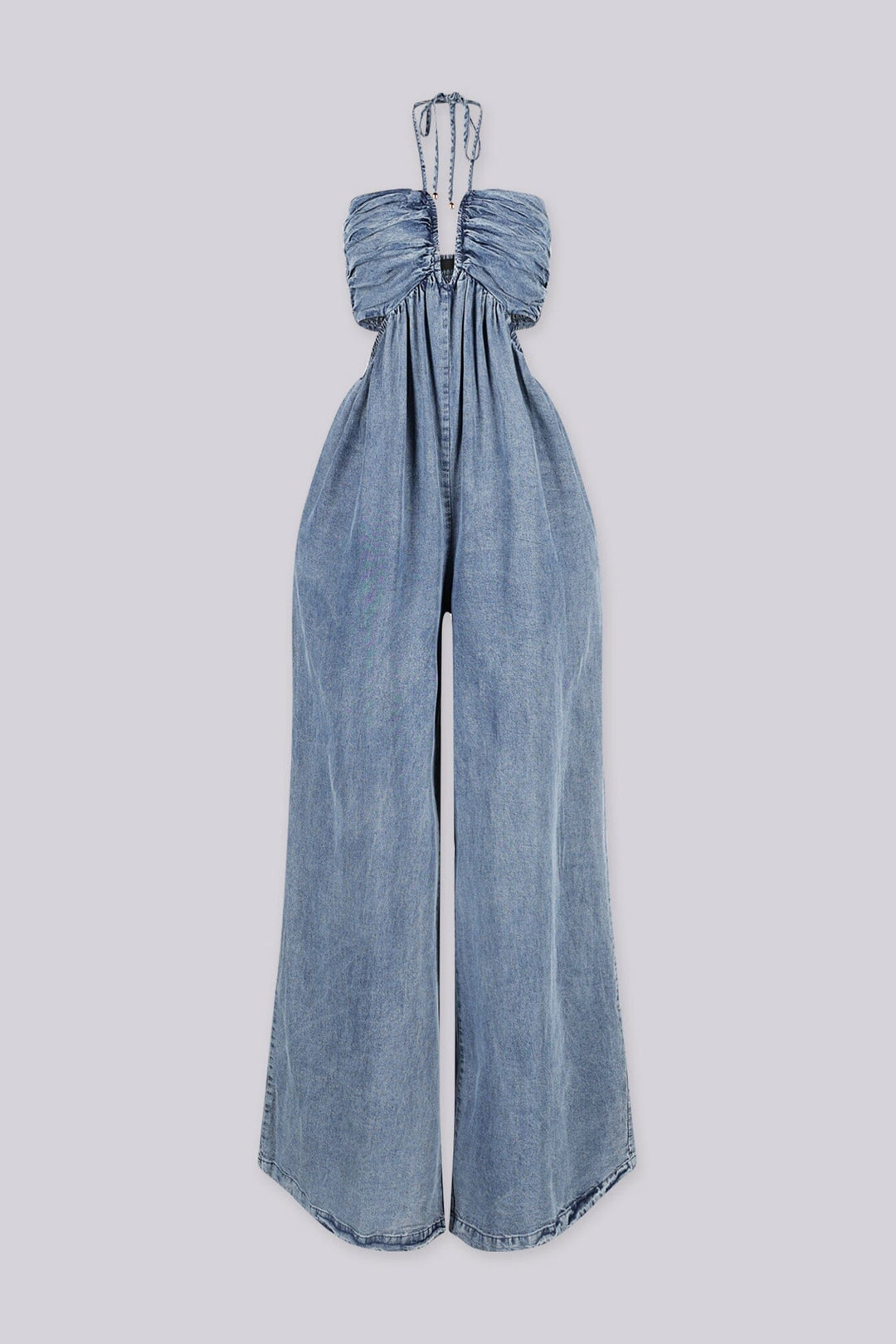 Wide leg floor-length jumpsuit with a tie neck halter top&amp;nbsp;