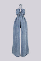Wide leg floor-length jumpsuit with a tie neck halter top&amp;nbsp;