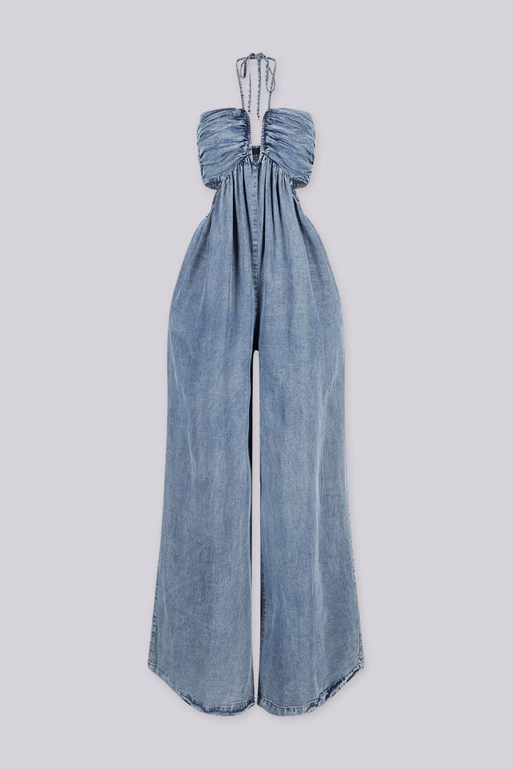 Wide leg floor-length jumpsuit with a tie neck halter top&amp;nbsp;