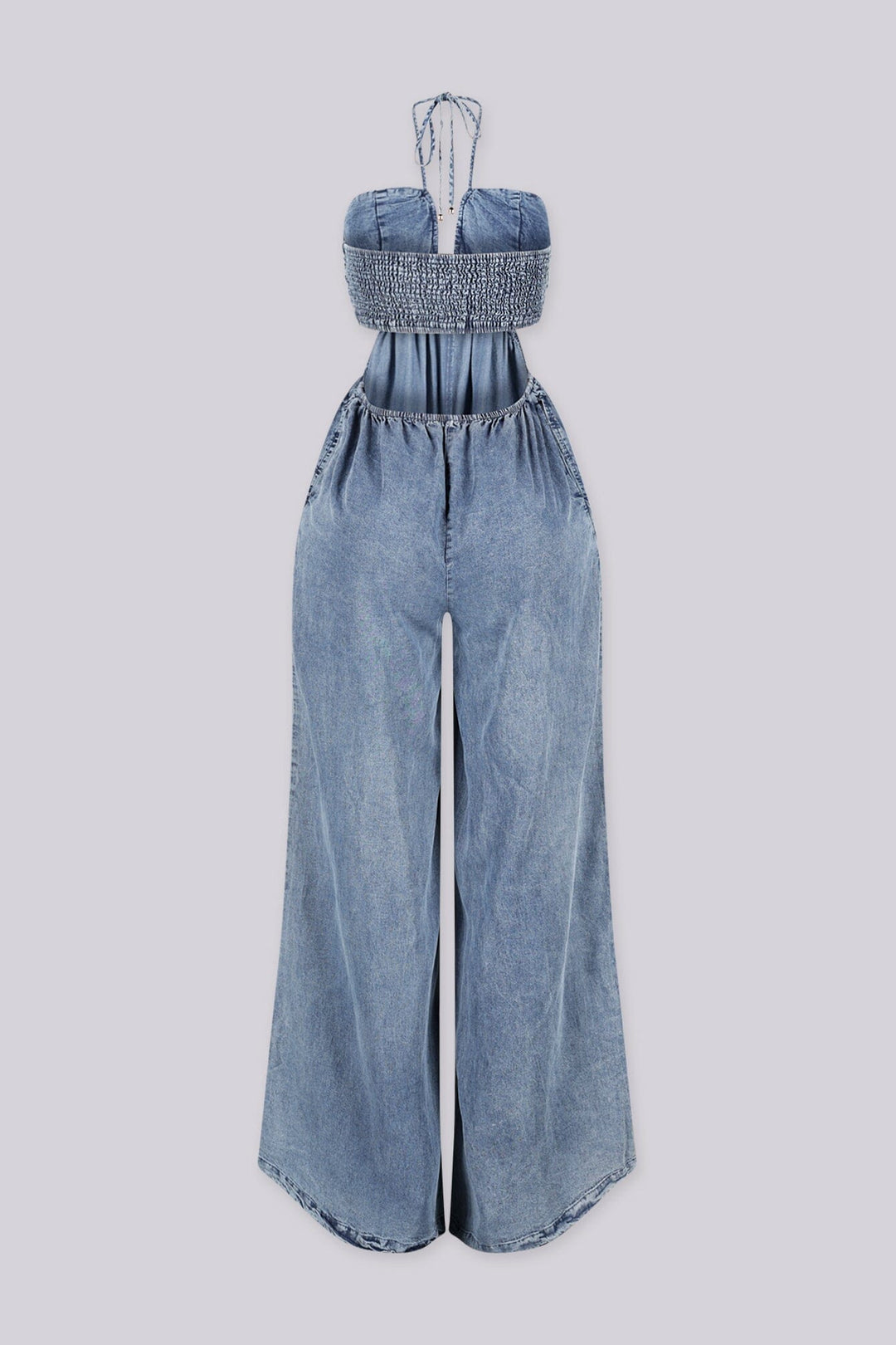 Wide leg floor-length jumpsuit with a tie neck halter top&amp;nbsp;