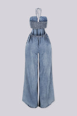 Wide leg floor-length jumpsuit with a tie neck halter top&amp;nbsp;
