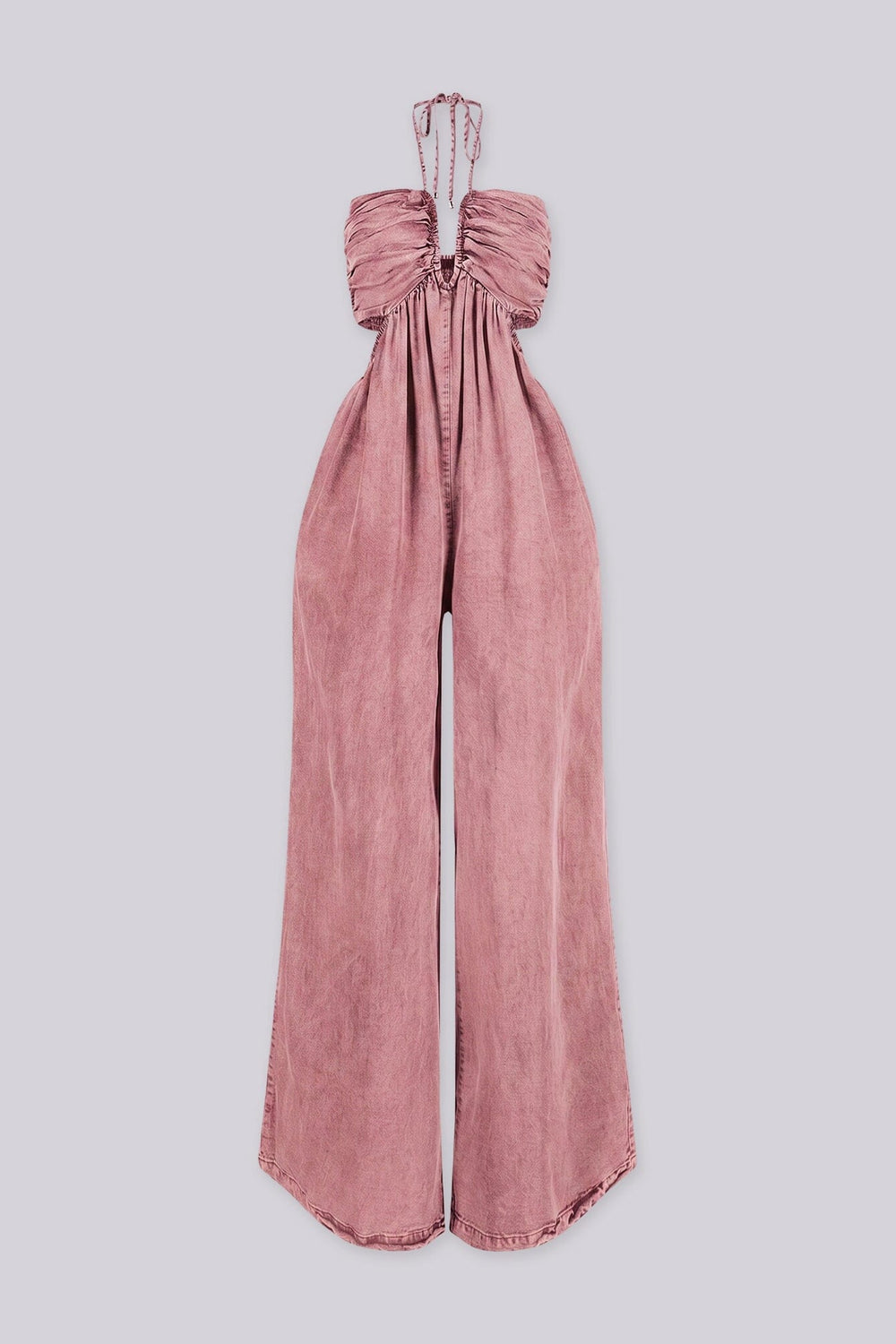 Wide leg floor-length jumpsuit with a tie neck halter top