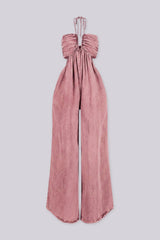 Wide leg floor-length jumpsuit with a tie neck halter top