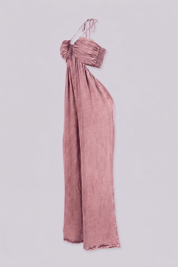 Wide leg floor-length jumpsuit with a tie neck halter top