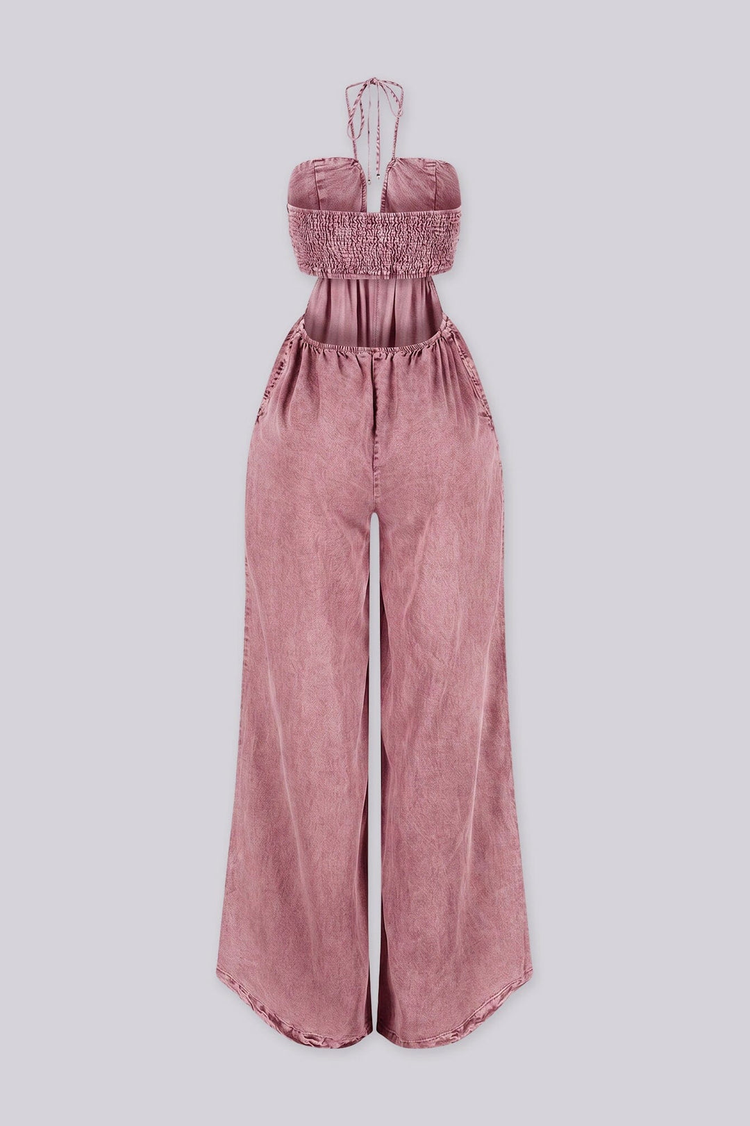 Wide leg floor-length jumpsuit with a tie neck halter top
