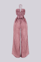 Wide leg floor-length jumpsuit with a tie neck halter top