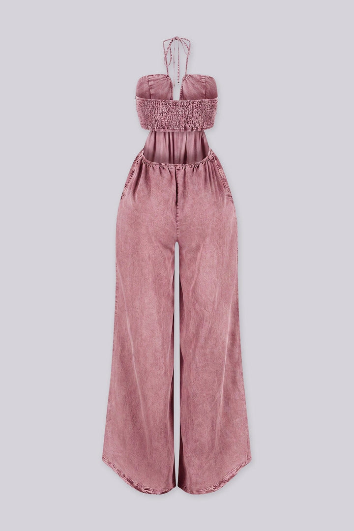 Wide leg floor-length jumpsuit with a tie neck halter top