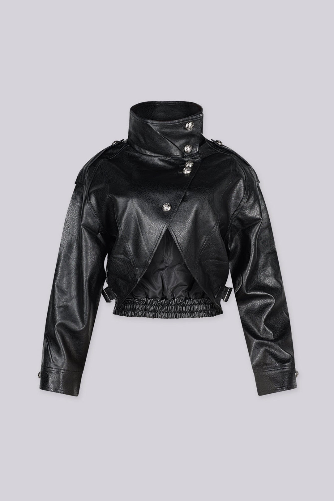 Cropped jacket with high stand collar and asymmetric button closure