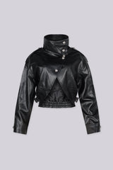 Cropped jacket with high stand collar and asymmetric button closure