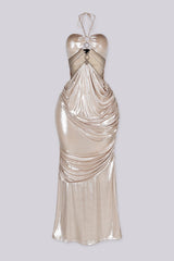 Metallic foil halter maxi dress with a gold circle cut out detail
Draped front design with an open back and adjustable tie straps