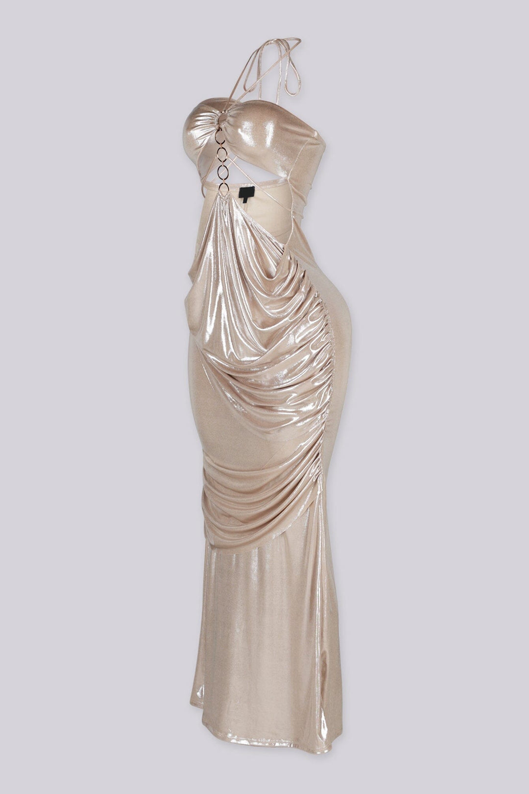 Metallic foil halter maxi dress with a gold circle cut out detail
Draped front design with an open back and adjustable tie straps