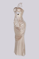 Metallic foil halter maxi dress with a gold circle cut out detail
Draped front design with an open back and adjustable tie straps