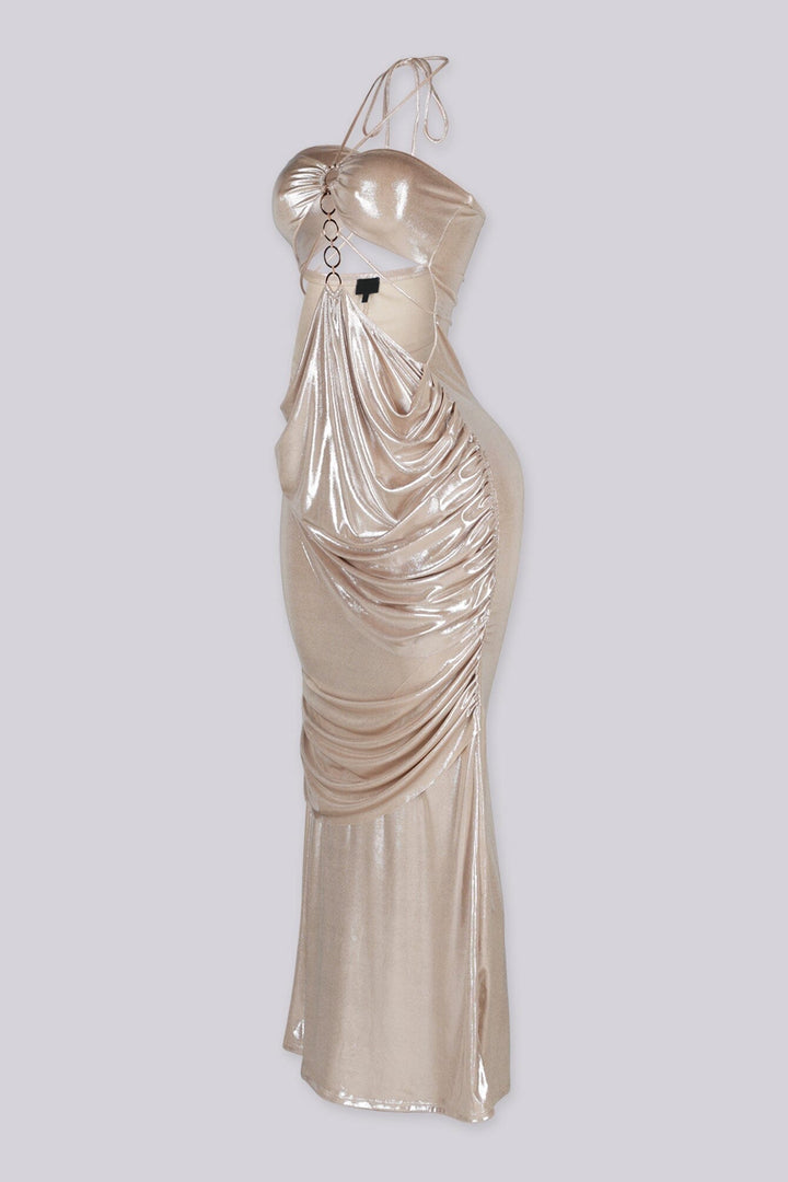 Metallic foil halter maxi dress with a gold circle cut out detail
Draped front design with an open back and adjustable tie straps