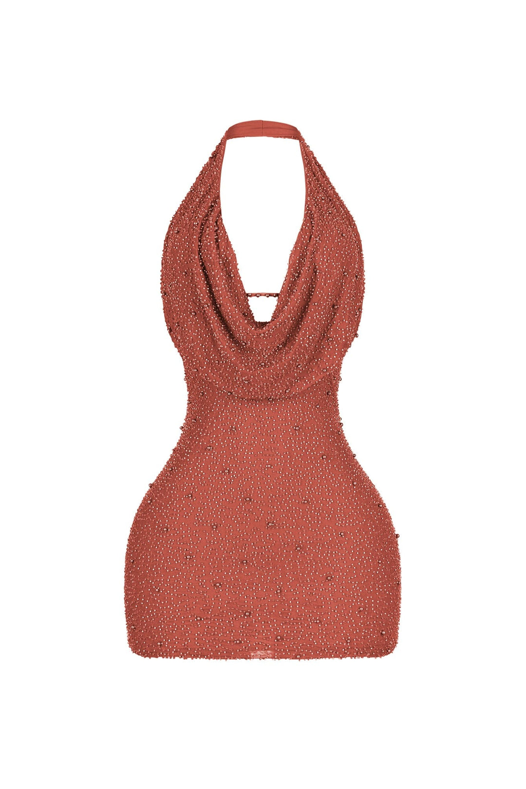 EDGE — rust mesh pearl mini dress, front view flat lay