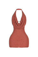 EDGE — rust mesh pearl mini dress, front view flat lay