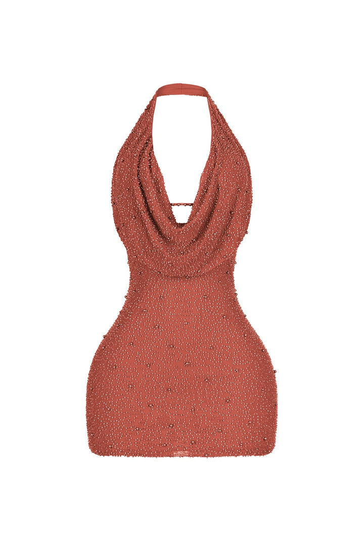 EDGE — rust mesh pearl mini dress, front view flat lay